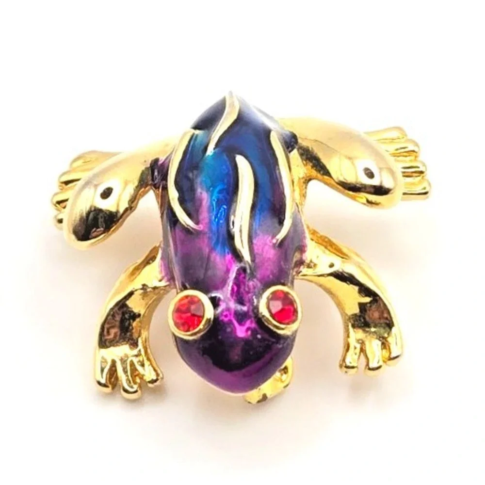 Small Gold Tone Blue and Purple Enamal Frog Brooch‎ / Pin Red Rhinestone Eyes